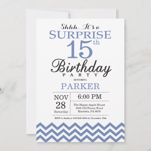 Überraschung 15. Geburtstag Blau Zickzack Einladung (Vorderseite)