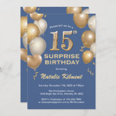 Überraschung 15. Geburtstag Blue und Gold Balloons Einladung (Vorne/Hinten)