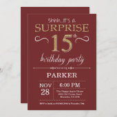 Überraschung 15. Geburtstag Burgund und Gold Glitz Einladung (Vorne/Hinten)