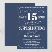 Überraschung 15. Geburtstag Einladung Blau und Wei (Vorne/Hinten)