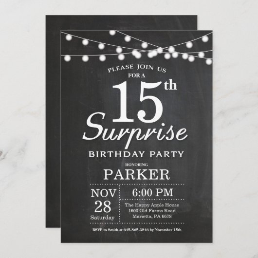 Überraschung 15. Geburtstag Einladung Chalkboard (Vorne/Hinten)