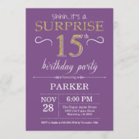 Überraschung 15. Geburtstag Einladung Lila und Gol
