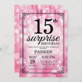 Überraschung 15. Geburtstag Einladung Pink Glitzer (Vorne/Hinten)