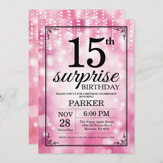 Überraschung 15. Geburtstag Einladung Pink Glitzer (Vorne/Hinten)