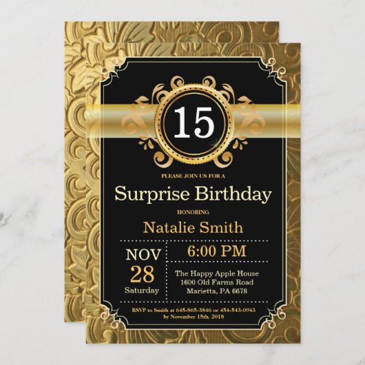 Überraschung 15. Geburtstag Einladung Schwarz und (Vorne/Hinten)