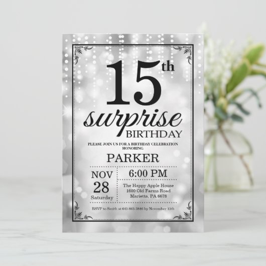 Überraschung 15. Geburtstag Einladung Silberner Gl (Stehend Vorderseite)