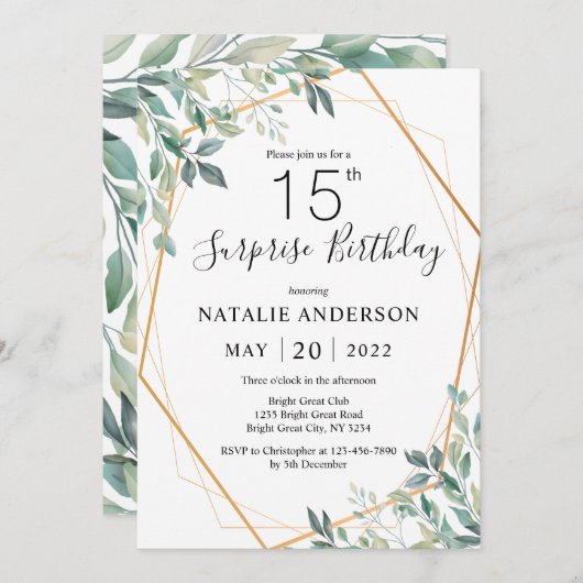 Überraschung 15. Geburtstag Eukalyptus Greenery &  Einladung (Vorne/Hinten)
