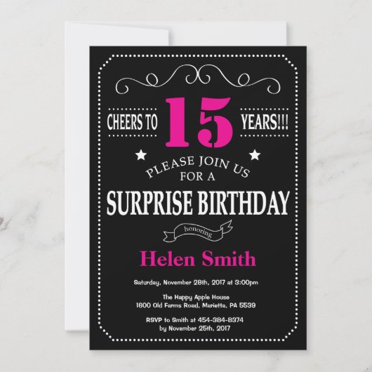 Überraschung 15. Geburtstag Heiß rosa und schwarz Einladung (Vorderseite)