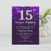 Überraschung 15. Geburtstag - Lila Silber Einladung (Stehend Vorderseite)