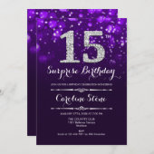 Überraschung 15. Geburtstag - Lila Silber Einladung (Vorne/Hinten)