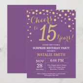 Überraschung 15. Geburtstag Lila und Gold Diamond Einladung (Vorne/Hinten)