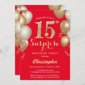 Überraschung 15. Geburtstag Rot und Gold Ballons Einladung (Vorne/Hinten)