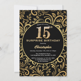 Überraschung 15. Geburtstag Schwarz und Gold Flora Einladung