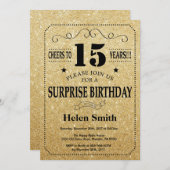 Überraschung 15. Geburtstag Schwarz und Gold Glitz Einladung (Vorne/Hinten)