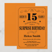 Überraschung 15. Geburtstag Schwarz und Orange Einladung (Vorne/Hinten)
