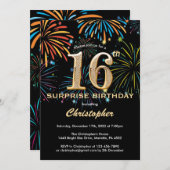 Überraschung 16. Geburtstag Black Gold Regenbogen Einladung (Vorne/Hinten)