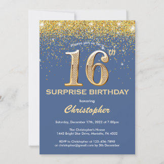 Überraschung 16. Geburtstag Blau und Gold Glitzer Einladung
