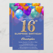 Überraschung 16. Geburtstag Blue und Gold Balloons Einladung (Vorne/Hinten)