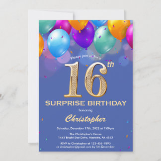 Überraschung 16. Geburtstag Blue und Gold Balloons Einladung