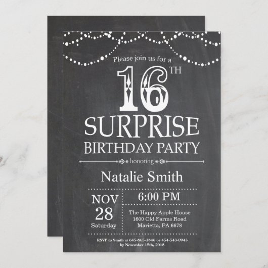 Überraschung 16. Geburtstag Einladung Chalkboard (Vorne/Hinten)