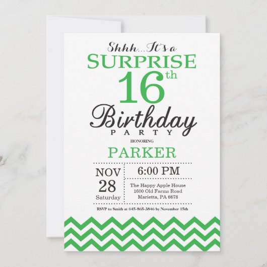 Überraschung 16. Geburtstag Einladung Grün Chevron (Vorderseite)
