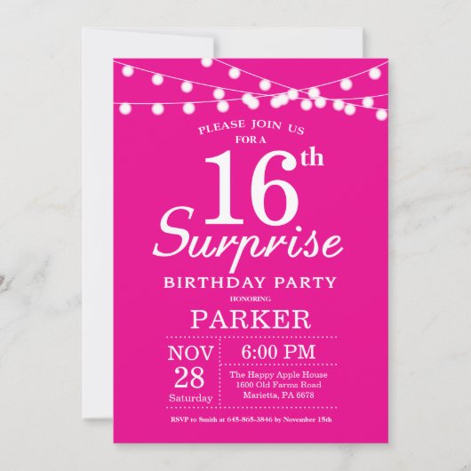 Überraschung 16. Geburtstag Einladung Hot Pink (Vorderseite)