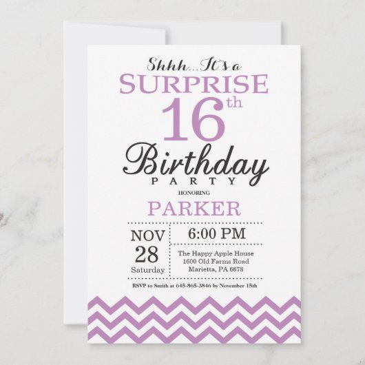 Überraschung 16. Geburtstag Einladung Lila Zickzac (Vorderseite)