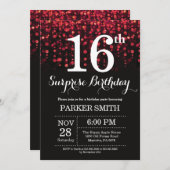Überraschung 16. Geburtstag Einladung Roter Glitze (Vorne/Hinten)