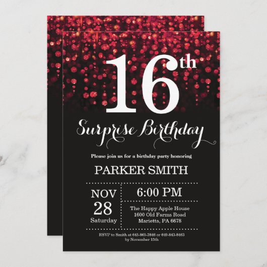 Überraschung 16. Geburtstag Einladung Roter Glitze (Vorne/Hinten)