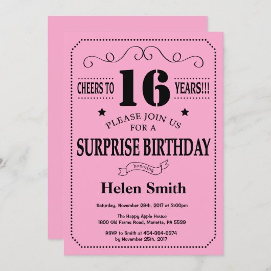 Überraschung 16. Geburtstag Einladung Schwarz und  (Vorne/Hinten)