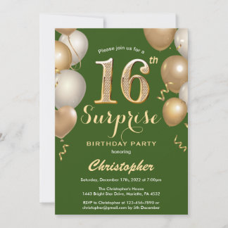 Überraschung 16. Geburtstag Grün und Gold Ballons Einladung