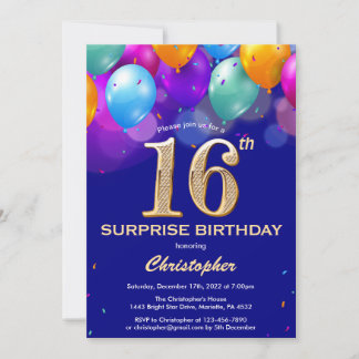 Überraschung 16. Geburtstag Navy Blue und Gold Bal Einladung