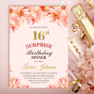 Überraschung 16. Geburtstag Pink Gold Floral Abend Einladung