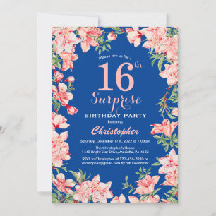 Überraschung 16. Geburtstag Rosa Blume Blau Einladung