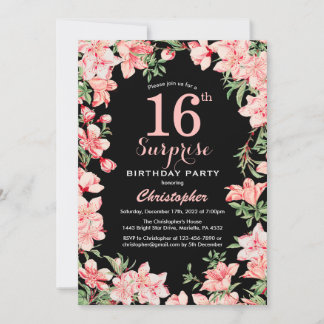 Überraschung 16. Geburtstag Rosa Blume Schwarz Einladung