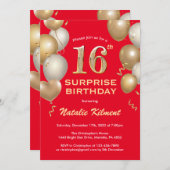 Überraschung 16. Geburtstag Rot und Gold Ballons Einladung (Vorne/Hinten)