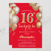 Überraschung 16. Geburtstag Rot und Gold Ballons Einladung (Vorne/Hinten)