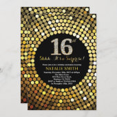 Überraschung 16. Geburtstag Schwarz und Gold Glitz Einladung (Vorne/Hinten)