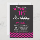 Überraschung 16. Geburtstag Schwarz und Hot Pink Einladung (Vorderseite)
