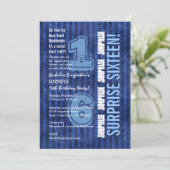 ÜBERRASCHUNG 16. Moderne Blaue Streifen W554 Einladung (Stehend Vorderseite)