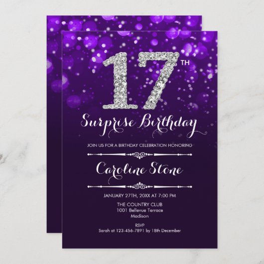 Überraschung 17. Geburtstag - Lila Silber Einladung (Vorne/Hinten)