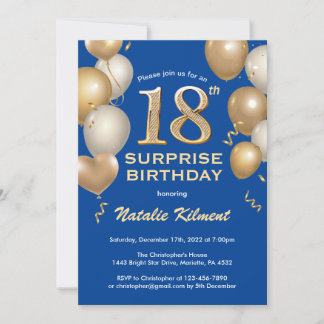 Überraschung 18. Geburtstag Blue und Gold Balloons Einladung