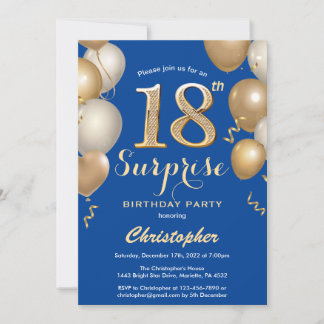 Überraschung 18. Geburtstag Blue und Gold Balloons Einladung