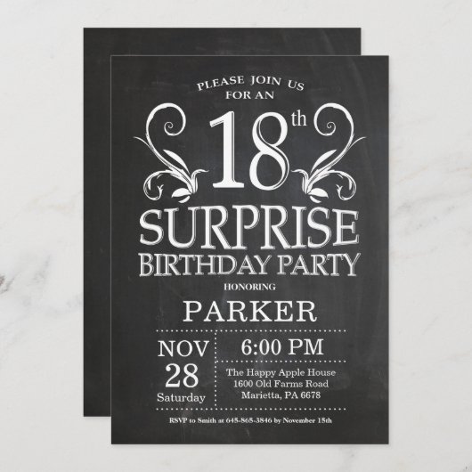 Überraschung 18. Geburtstag Einladung Chalkboard (Vorne/Hinten)