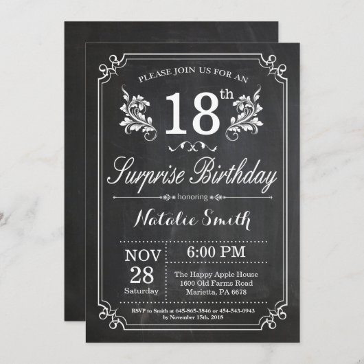 Überraschung 18. Geburtstag Einladung Chalkboard (Vorne/Hinten)