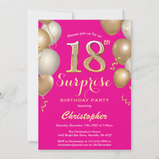 Überraschung 18. Geburtstag Hot Pink und Gold Ball Einladung
