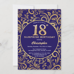Überraschung 18. Geburtstag Navy Blau und Gold Flo Einladung