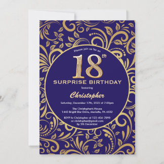 Überraschung 18. Geburtstag Navy Blau und Gold Flo Einladung