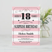 Überraschung 18. Geburtstag Rosa und weiße Streife Einladung (Stehend Vorderseite)