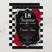 Überraschung 18. Geburtstag - Schwarz-weiß Red Einladung (Vorne/Hinten)